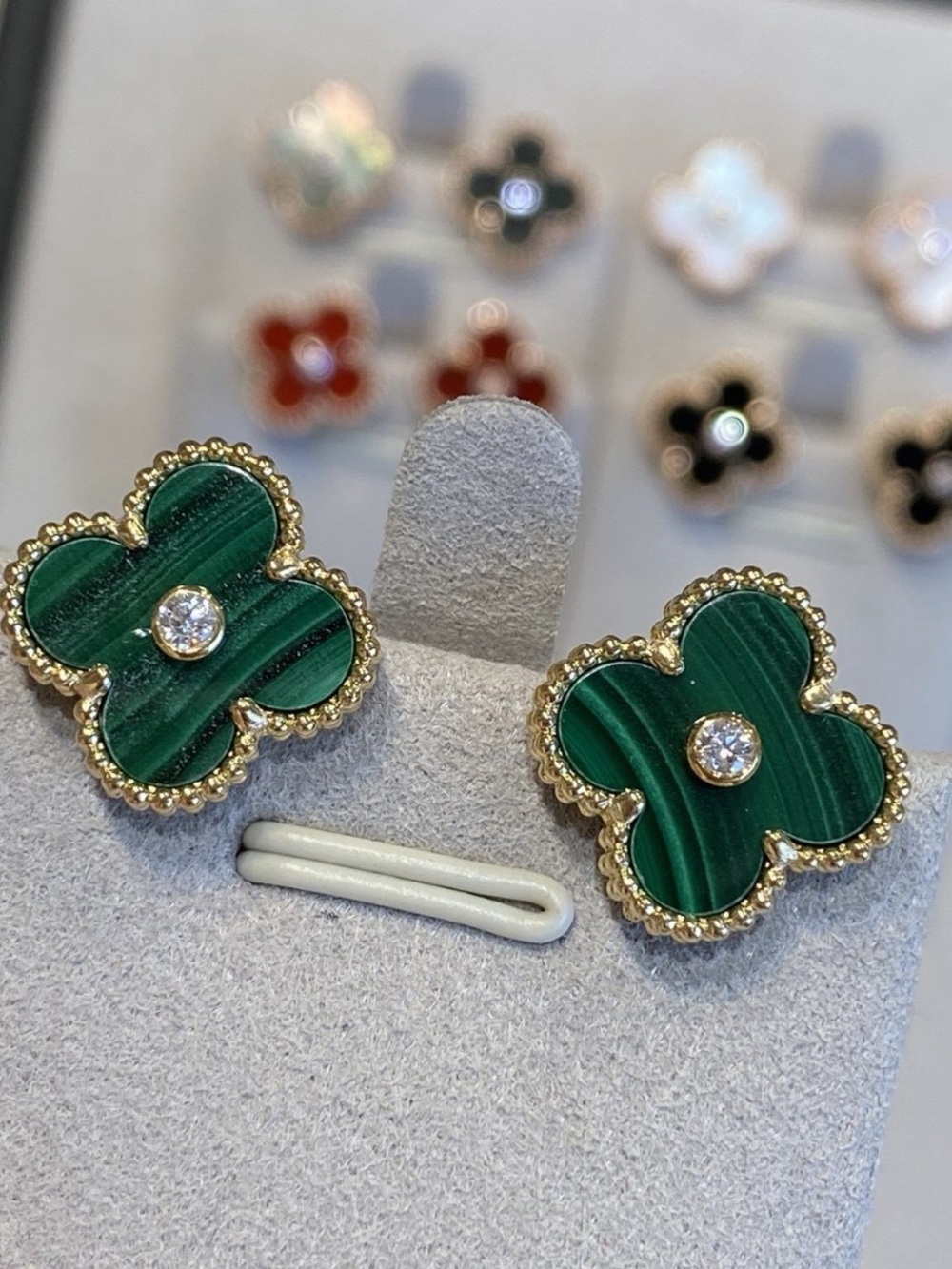 18K Titanium Steel in Green Clover Stud Earrings with Gold Trim & Crystal Accent